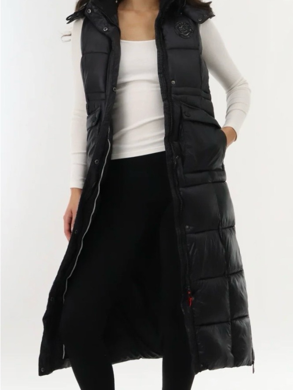 Long Black Shiny Puffer Vest with Hood